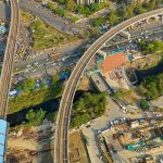 Aerial view of metro lines and infrastructure construction in Delhi, India