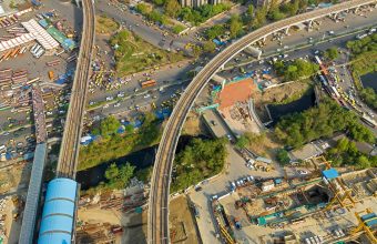 Aerial view of metro lines and infrastructure construction in Delhi, India