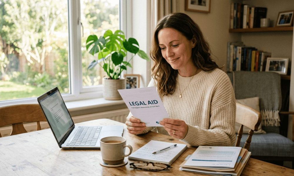 Woman at a kitchen table reading a legal aid leaflet beside a laptop and paperwork