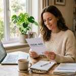 Woman at a kitchen table reading a legal aid leaflet beside a laptop and paperwork