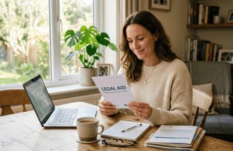 Woman at a kitchen table reading a legal aid leaflet beside a laptop and paperwork