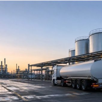 Fuel logistics delivery truck transporting commercial fuel from terminal to tank storage facilities across Germany