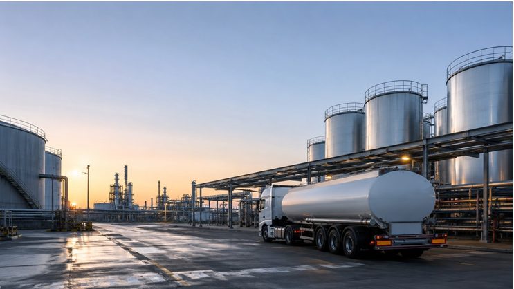 Fuel logistics delivery truck transporting commercial fuel from terminal to tank storage facilities across Germany