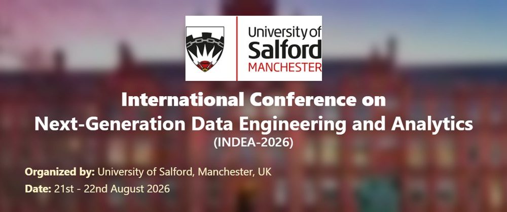 INDEA 2026 International Conference on Next-Generation Data Engineering and Analytics banner, University of Salford