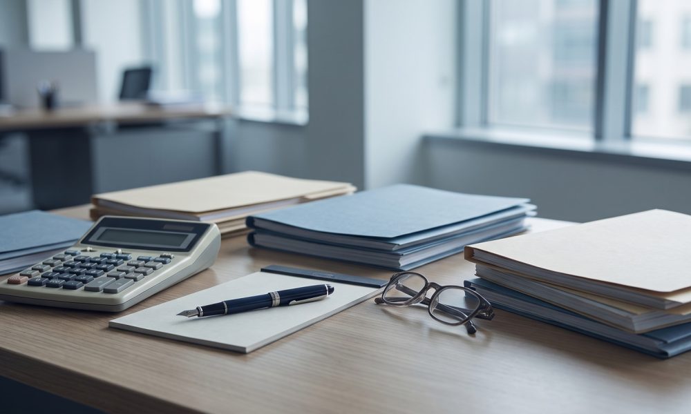 Accountant desk with a calculator, pen, glasses and document folders