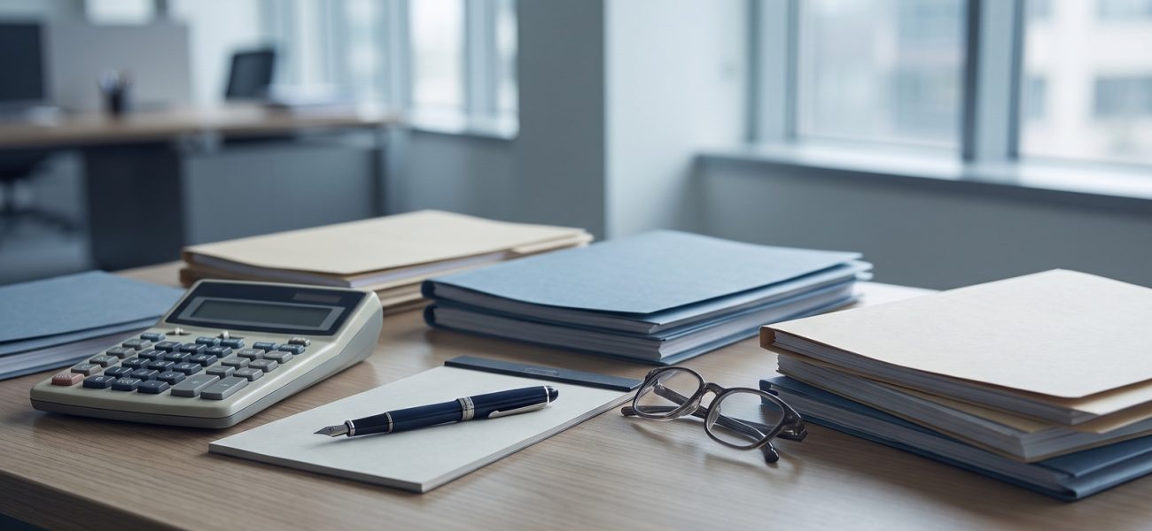 Accountant desk with a calculator, pen, glasses and document folders