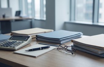 Accountant desk with a calculator, pen, glasses and document folders