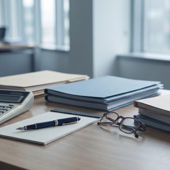 Accountant desk with a calculator, pen, glasses and document folders