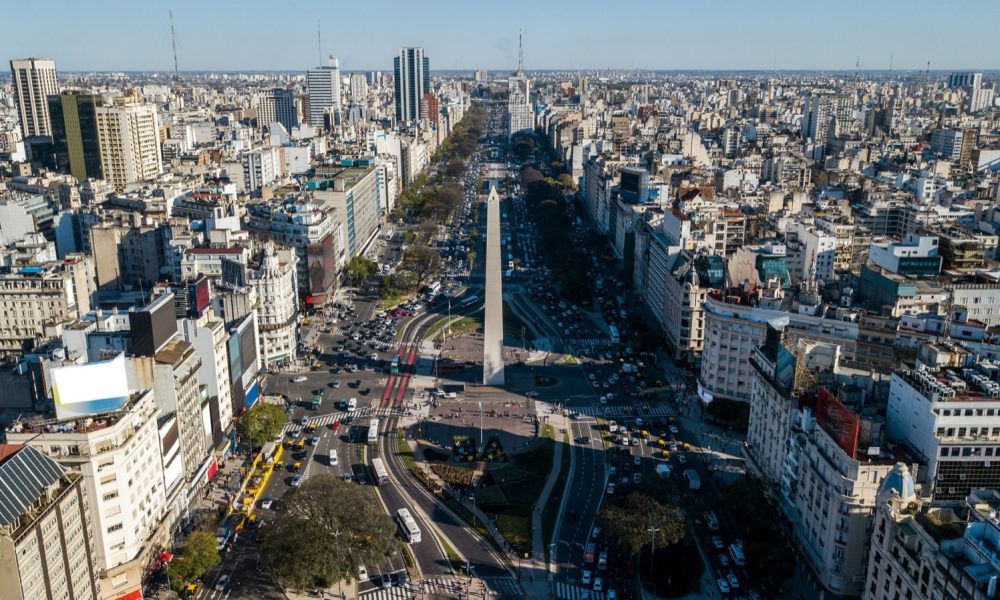 Aerial view of Buenos Aires and the Obelisco on Avenida 9 de Julio