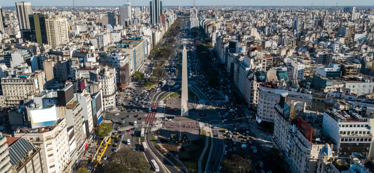 Aerial view of Buenos Aires and the Obelisco on Avenida 9 de Julio