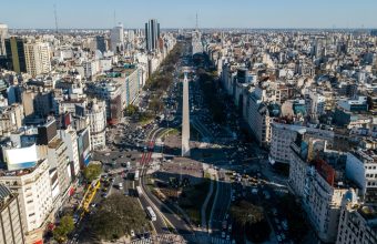 Aerial view of Buenos Aires and the Obelisco on Avenida 9 de Julio