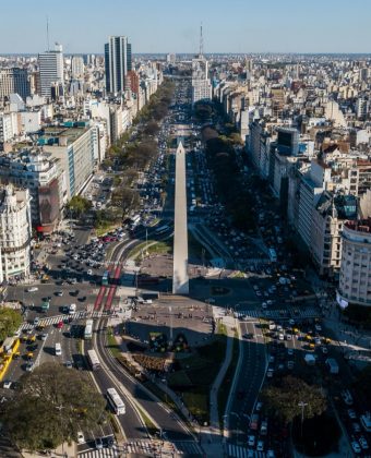 Aerial view of Buenos Aires and the Obelisco on Avenida 9 de Julio