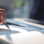 A hand writing with a pen in an open notebook, echoing the handwritten letters at the heart of Diverse Referrals' homeowner outreach