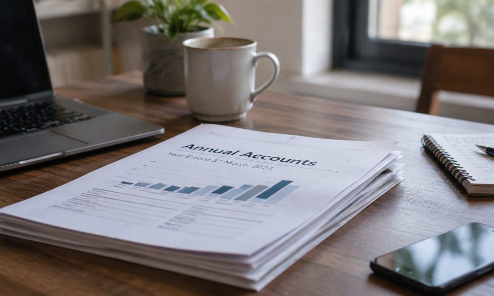 Businessman reviewing outdated financial reports and annual accounts