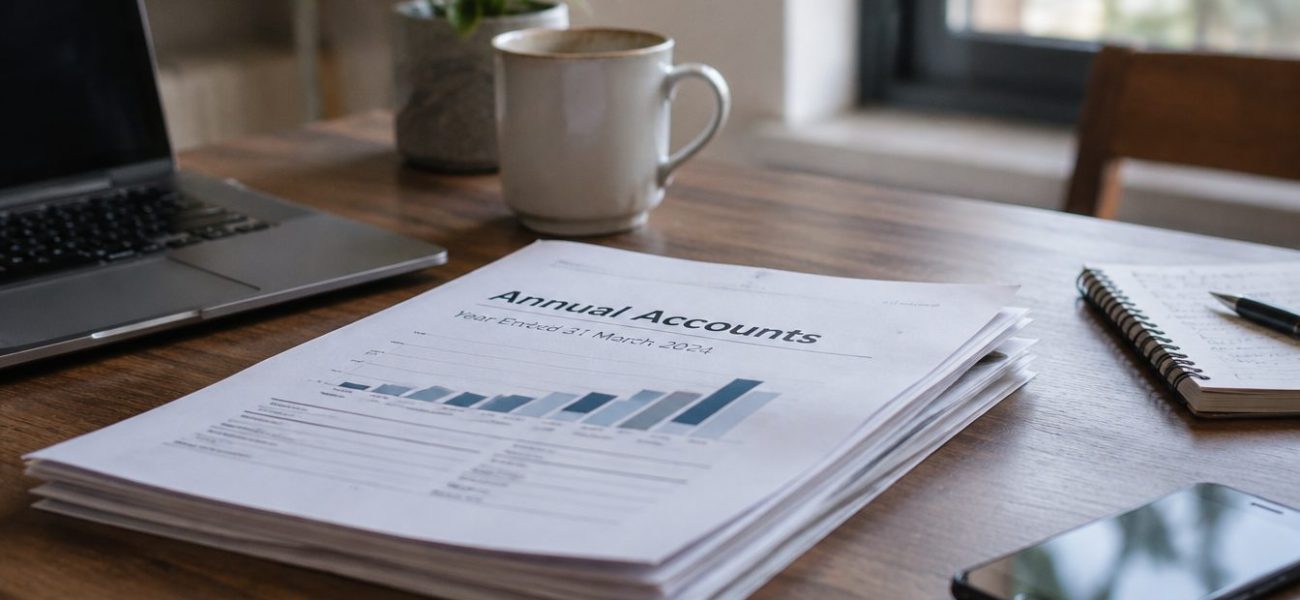 Businessman reviewing outdated financial reports and annual accounts