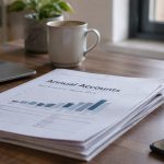 Businessman reviewing outdated financial reports and annual accounts