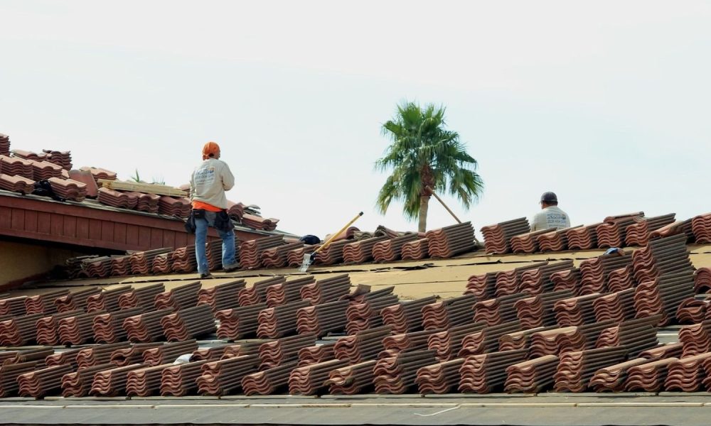 Two workers on a roof installing clay tiles, with a palm tree visible in the background.