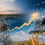 Collage of industry, energy and agriculture with a rising growth arrow, illustrating investment in Kazakhstan