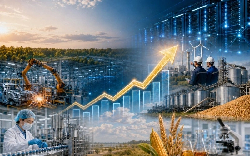 Collage of industry, energy and agriculture with a rising growth arrow, illustrating investment in Kazakhstan
