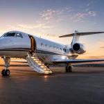 Private jet on the runway at sunset