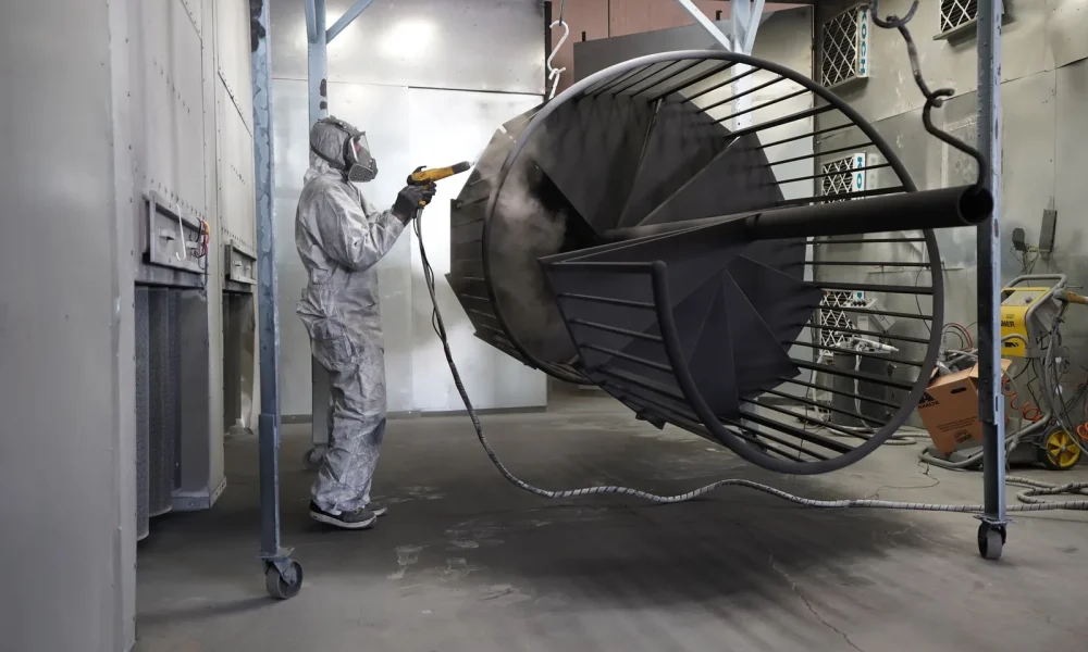 Operator spray finishing a metal part inside an industrial booth