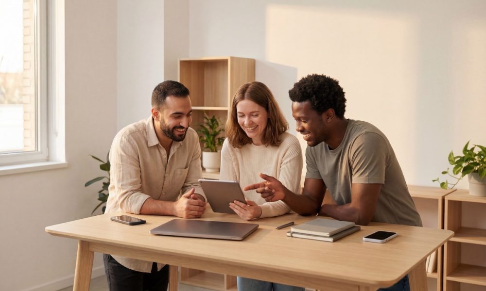 Three colleagues reviewing marketing results on a tablet in a bright office
