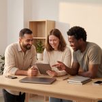 Three colleagues reviewing marketing results on a tablet in a bright office