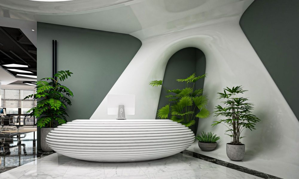A modern office reception desk of the kind behind a UK virtual office business address