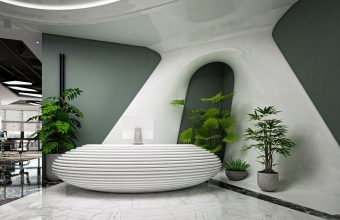 A modern office reception desk of the kind behind a UK virtual office business address